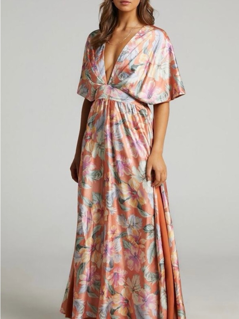 Showpo Peach Floral Satin Maxi Dress with Pastel Accents